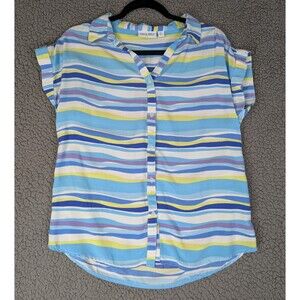 Kiwi Fresh Shirt Women PL Short Sleeve Button Up Strip Blue Green Yellow Beach
